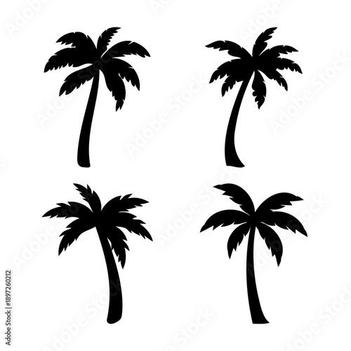 Tropical island paradise: set of four distinct black palm tree silhouettes vector illustration