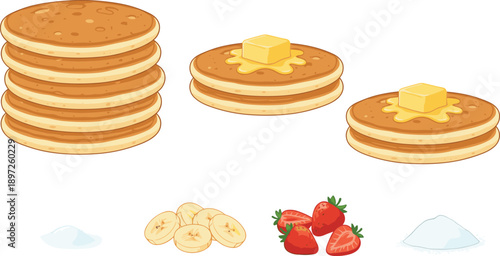 Pancake Stack with Butter and Syrup Banana Strawberry Sugar Ingredients Breakfast Illustration Isolated