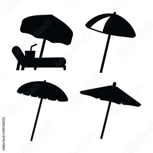 Collection of diverse black silhouette beach umbrellas and sun loungers for summer relaxation
