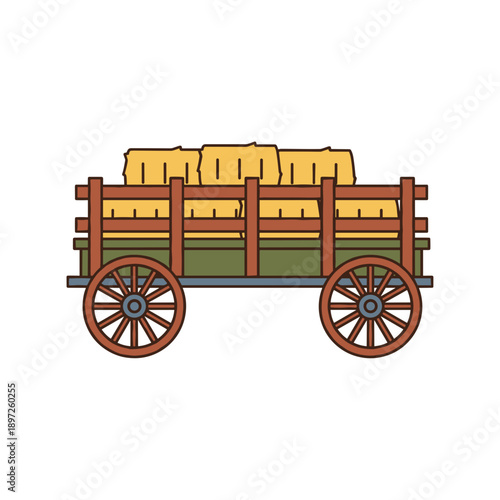 Traditional wooden hayride wagon loaded with hay bales isolated on white background rural transport concept