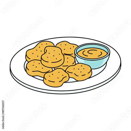 Plate of crispy chicken nuggets served with dipping sauce isolated on white background fast food concept