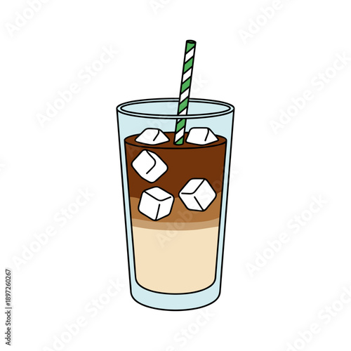 Tall glass of iced latte with milk coffee layers and ice cubes isolated on white background cafe drink concept