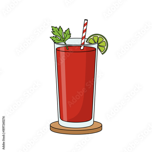 Tall glass of fresh tomato juice with celery leaf and lime slice isolated on white background healthy drink concept