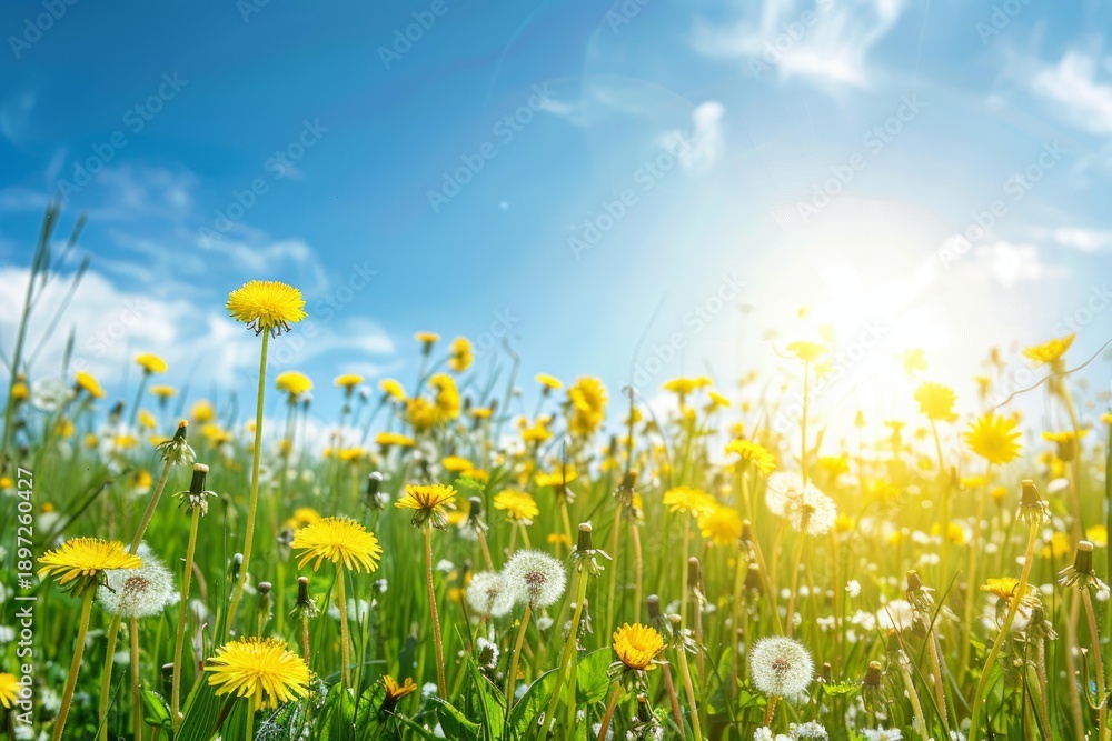 Obraz premium Yellow dandelions and white seedheads growing in a field of green grass under a bright blue summer sky