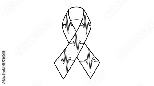 Awareness ribbon with ECG waveform pattern vector representing health awareness campaigns, screening program funding and nonprofit partnership strategy for public health initiatives