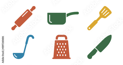 Cooking utensils illustration various colors on black background