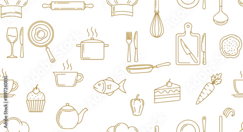 Kitchen Essentials: Golden Food Icon Pattern Design
