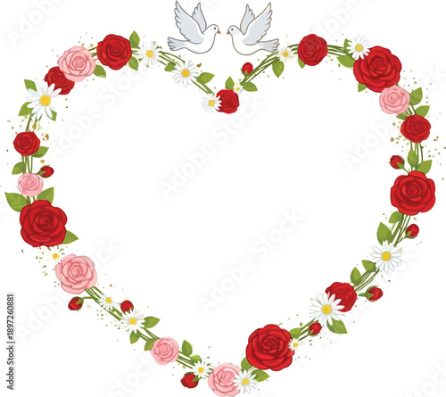 Heart-shaped floral wreath with roses and doves illustration on a clean background from a straightforward viewpoint.