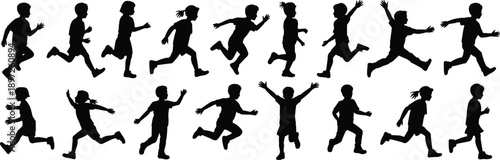 Diverse silhouettes of children in various running and jumping poses showcasing active childhood movement and energetic play outdoors