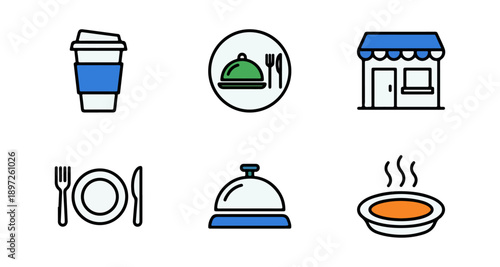 Restaurant icons set featuring food service and delivery