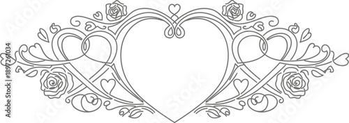 Ornate heart-shaped frame with floral decorations and foliage, a detailed illustration