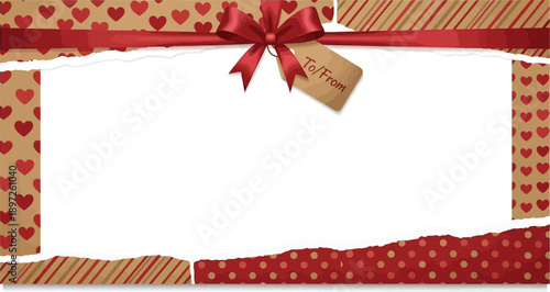 Valentine's Day gift wrapping with red ribbon and heart patterns on various textured papers viewed from above