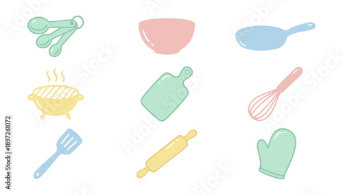 Set of colorful kitchen tools and utensils on black background