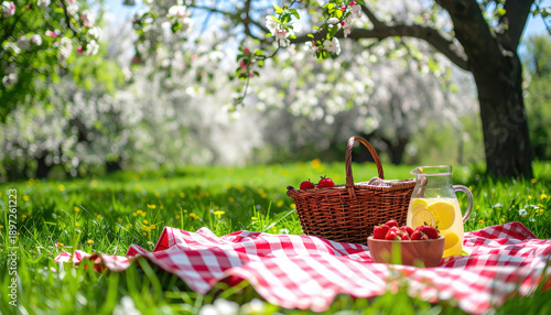 Picnic primaverile nel prato fiorito con cesto di fragole, limonata e tovaglia a quadretti. Generative AI