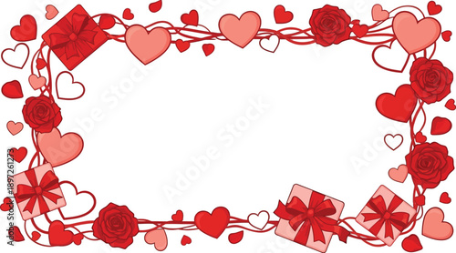 Valentine's Day frame decorated with hearts, flowers, and gift boxes in a festive illustration