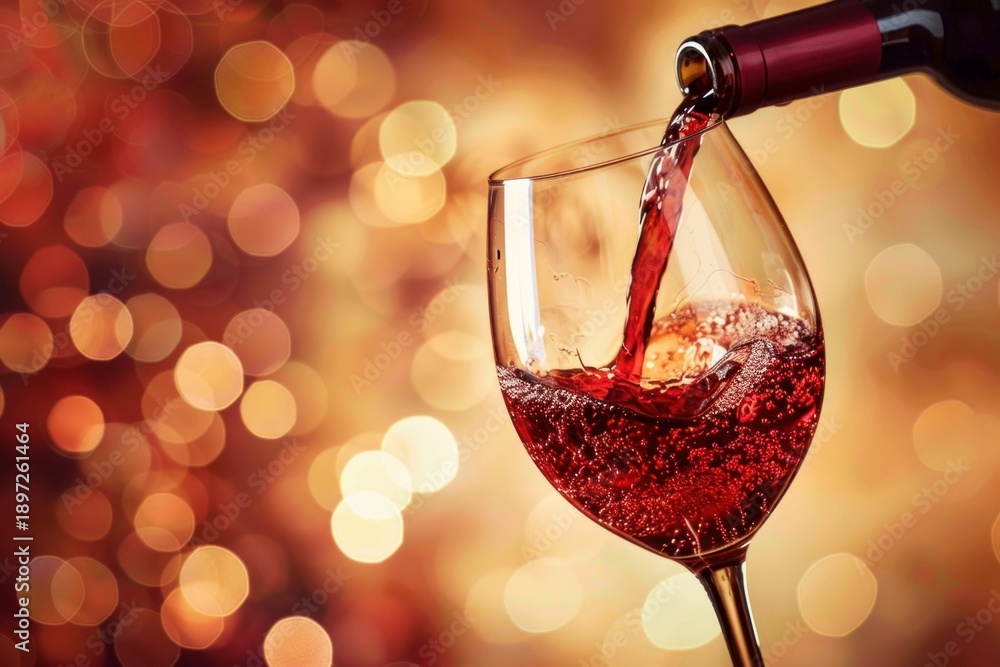 Fototapeta premium Red wine being poured into a glass with a golden bokeh background, creating a warm and inviting atmosphere