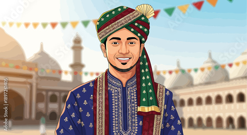 Man in traditional indian clothing standing in front of mosque