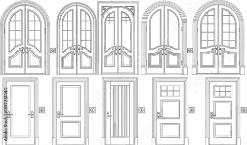 Architectural door designs vector illustration with double arched and single rectangular styles,  