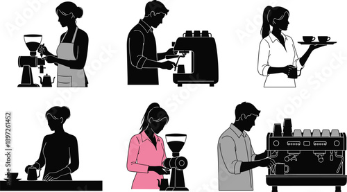Barista coffee-making vector illustration showing grinding, brewing, pouring, and serving tasks, 
