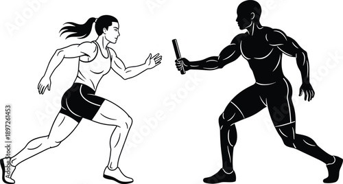 Black and white illustration of relay race baton exchange between male and female athletes, emphasizing teamwork, motion, and athletic coordination in track sports.
