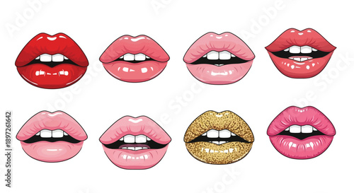 Collection of various colorful lips with different shades of lipstick and expressions.