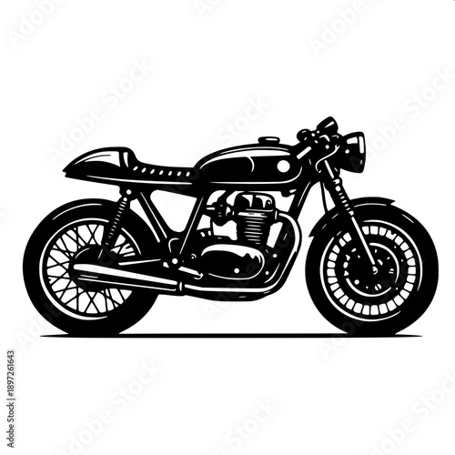 Flat vector vintage cruiser motorcycle silhouette, detailed engine block and exhaust pipes, clean white background