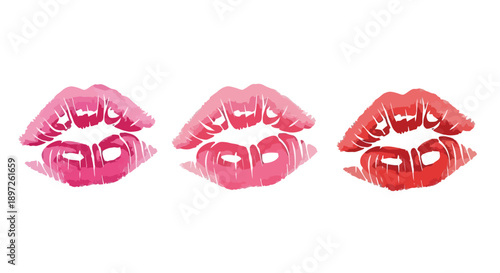 Three vibrant lipstick kiss marks in shades of pink and red.