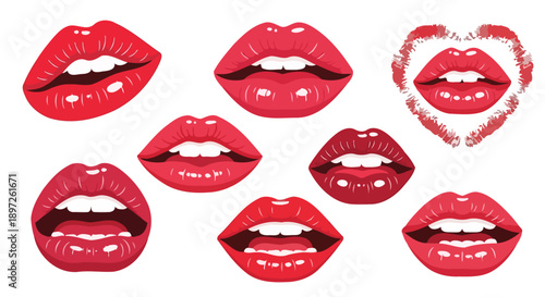 Vibrant Red Lips Collection Expressing Various Emotions and Styles.
