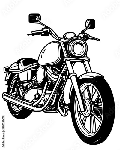 Flat vector vintage cruiser motorcycle silhouette, detailed engine block and exhaust pipes, clean white background