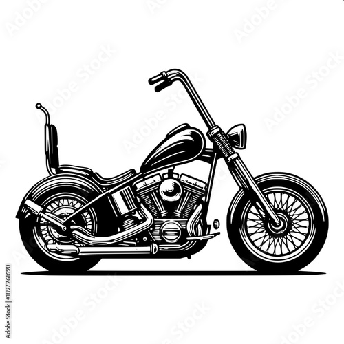 Flat vector vintage cruiser motorcycle silhouette, detailed engine block and exhaust pipes, clean white background