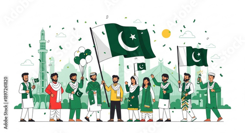 Diverse group of people celebrating pakistan independence day with flags and confetti in vibrant green attire