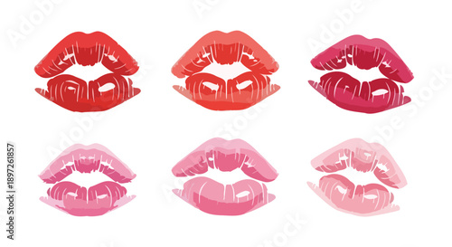 Vibrant collection of six glossy lip prints in various shades of red and pink.
