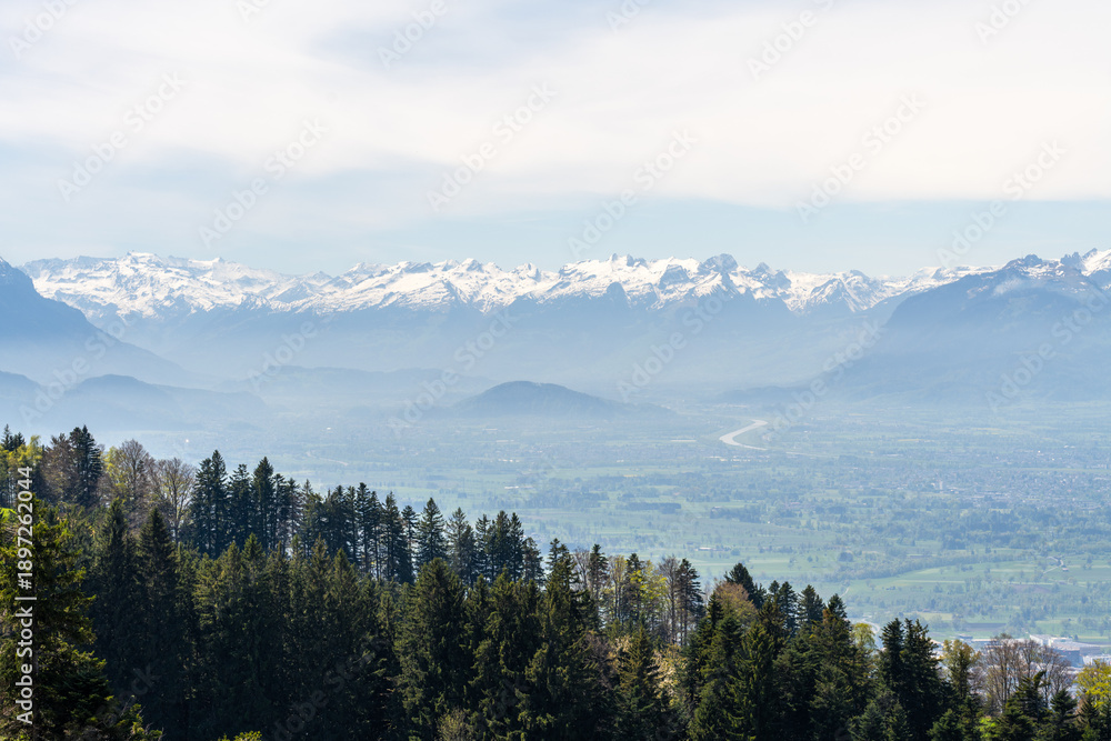 Obraz premium Pfänder mountain peak view of rhine valley and alps