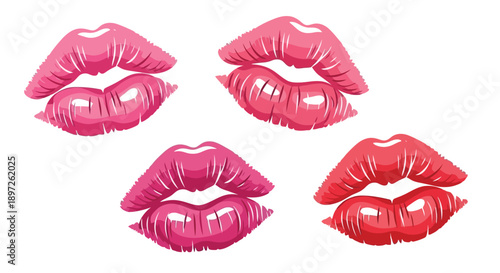 Four vibrant lip prints in shades of pink and red, showcasing a variety of kiss marks.
