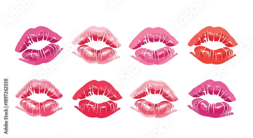 Vibrant Collection of Eight Diverse Lipstick Kiss Marks on White Background.