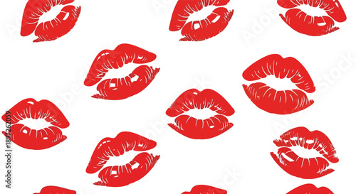 Red lipstick kiss marks pattern on white background.
