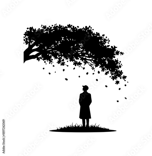 Silhouette of Person Under Falling Tree Leaves