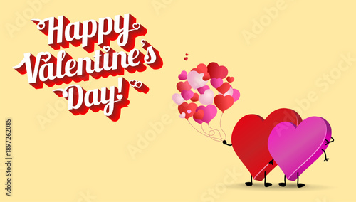 card or banner Valentine day. Two loving hearts couple. Valentine couple. Cute characters of lovers on background. Vector illustration.
