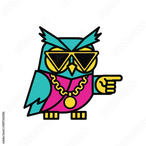 Cool cartoon owl wearing sunglasses and a gold chain, pointing with a finger, isolated on white background