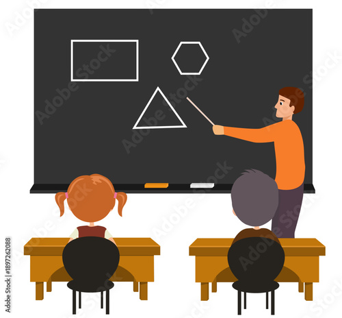 A Teacher shows examples to a student. They sit and look at the figures. A girl at School is thinking. 