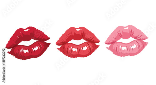 Three vibrant lipstick kiss marks in varying shades of red and pink.