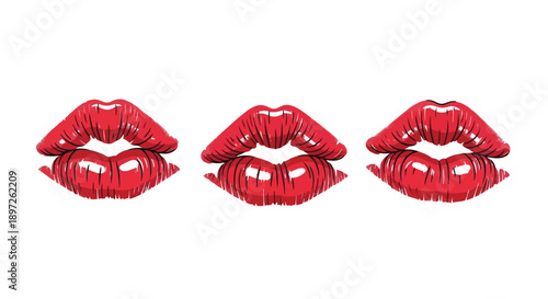 Three vibrant red lipstick kiss marks on a white background.