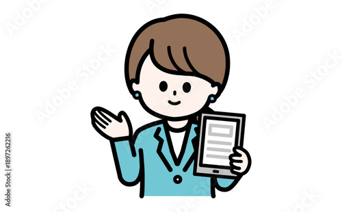 最新のクラウドサービスやDXアプリを案内する女性。スタートアップやSaaS企業の広告用素材。