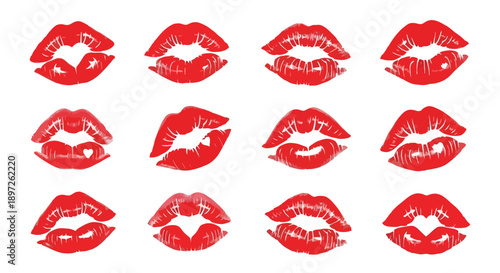 Collection of vibrant red lipstick kiss marks on a white background.