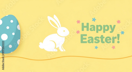 Easter bunny and decorated egg on yellow background with happy easter text