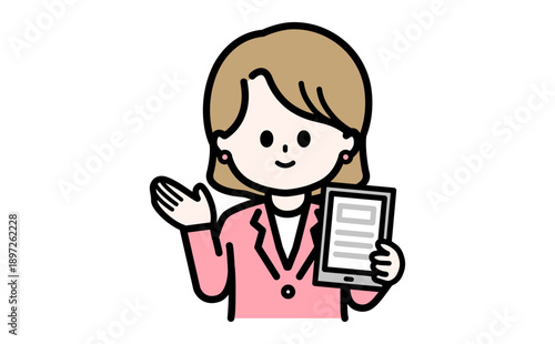 窓口や受付でDXツールを優しく案内する女性事務員のイラスト。接客マナーとタブレット操作の解説。