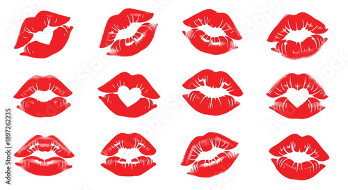 Collection of vibrant red lipstick kiss prints on a white background.