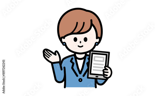 信頼感のある青い制服でDX導入を案内する女性。金融機関や法人のデジタル化推進イメージ。