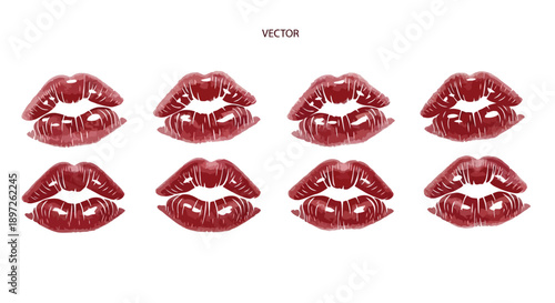 Collection of eight vibrant red lipstick kiss prints on white background.