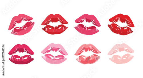Collection of vibrant lipstick kiss prints in various shades of red and pink.